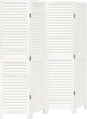 A white, four-panel room divider with slatted panels, shown from the front.