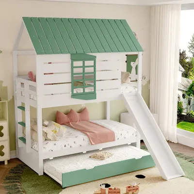 A children's bunk bed with a slide and trundle bed, set up in a bedroom.