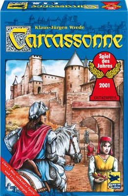 The image shows the box art for the board game Carcassonne, featuring a medieval castle and figures.