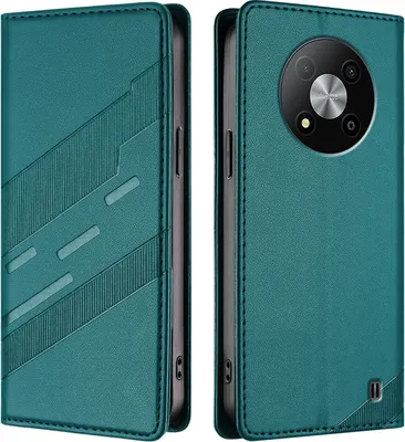 A teal-colored phone case is shown from two angles, open and closed.