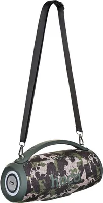 A portable speaker with a camouflage pattern and a carrying strap.