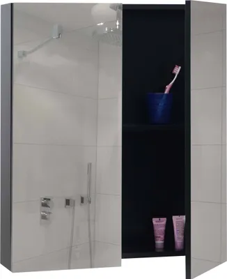 Produktbild von Spiegelschrank HWC-B19b, Badschrank Hängeschrank, 2 Regalböden hochglanz - 70x60x16cm  schwarz