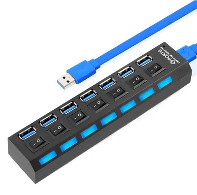 Immagine prodotto di Hub USB con 7 porte Techstar® HUBA55, 1 x USB 3.0, 6 x USB 2.0, Indicatore LED alimentazione, Interruttore indipendente, PC, Laptop, Desktop, Nero