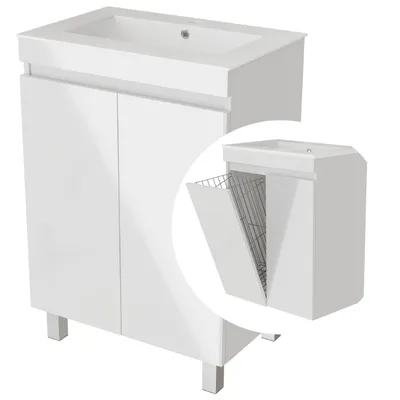 Produktbild von Badezimmerschrank RIBERA mit Keramik Waschbecken und Wäschekorb Weiß Hochglanz MDF Acryl, feuchtigkeits und kratzfest stehend oder hängend
