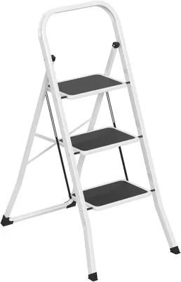 Produktbild von QEENTOE 3-stufige klappbare Trittleiter aus legiertem Stahl mit rutschfesten Pedalen, 5 cm, Traglast bis 150 kg, ohne Aufbau, für Küche, Garage & Büro