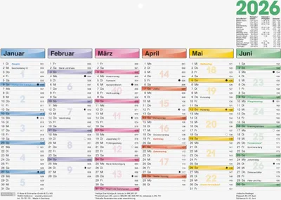 Produktbild von BRUNNEN Tafelkalender 2026 - A4 quer - DATAline – 6 Monate pro Seite, bunt, stabiler Karton