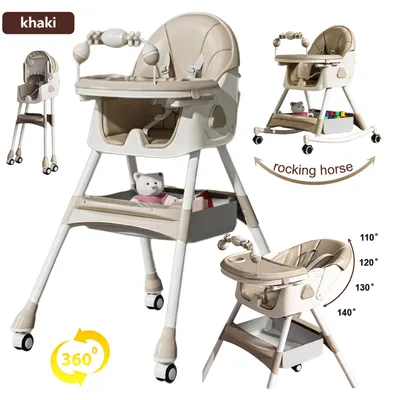 Produktbild von Multifunktionaler Hochstuhl - Schaukelhochstuhl - Höhenverstellbar - Abnehmbares Tablett - Sicherheitsgurt - Gepolstert - Khaki