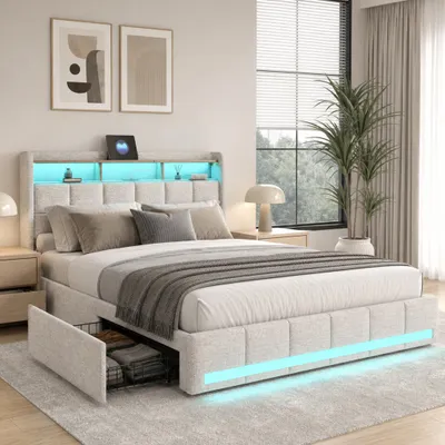 Image de Lit tapissée INONEFT, 180x200 cm, avec 4 tiroirs, lit pour adolescents/lit double avec LED et ports USB/Type-C, structure de lit avec rangement, sommier à lattes, couleur lin, beige