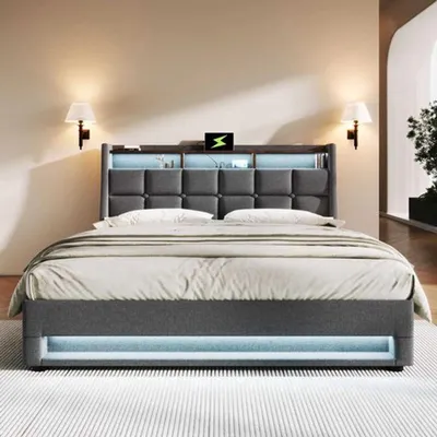 Zdjęcie produktu dla Łóżko dwuosobowe tapicerowane, 140x200 cm - port USB - oświetlenie LED - metalowa rama - stelaż pod materac