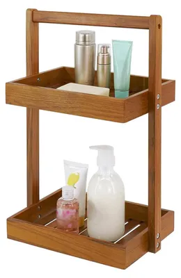 Image de Panier de douche d'angle, en bois d'acacia, 2 niveaux, 30,5 x 20 x 44 cm