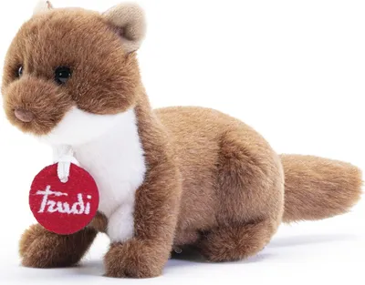 A plush toy weasel with a red tag around its neck, set against a white background.