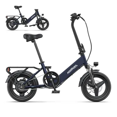 A dark blue folding electric bicycle is shown against a white background. A smaller, identical bicycle is visible in the upper left corner.