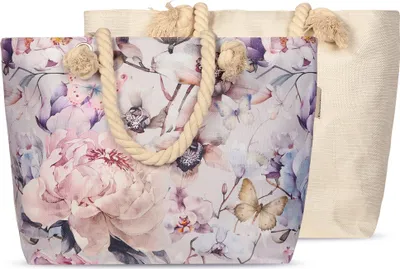 Produktbild von JACK by Descanso Strandtasche 55x40x15cm Bunte Motive Tasche Umhängetasche mit Reißverschluss aus Baumwolle, Farbe:Grau