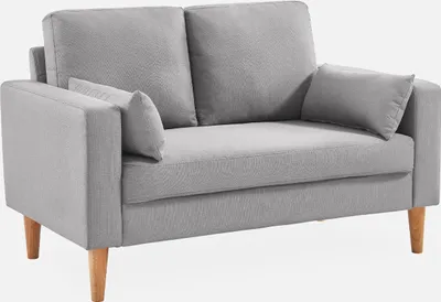 A light gray sofa with wooden legs is shown against a white background.