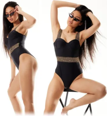 Zdjęcie produktu dla Strój kostium kąpielowy damski usztywniany push up czarny złoty pin up l