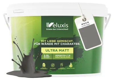 Produktbild von Wandfarbe Grau Beige Anthrazit Matt Innenfarbe – Deckkraft Klasse 1, VOC-frei, Ohne Grundierung, Tropfarm – Wohnzimmer & Schlafzimmer – 2,5L – Veluxis (Poised Peppe)