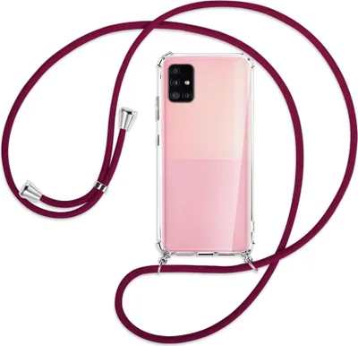 Produktbild von Handykette Backcover-Schutzhülle mit Band (Metall silberfarben) für Samsung Galaxy A51 5G (A516) - dunkelrot