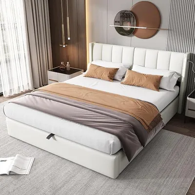 Productafbeelding van Gestoffeerd bed 140x200 cm met LED-verlichting, USB-C poort, opbergruimte, hoofdeinde, Polyurethanbekleding, wit | 140x200 cm gestoffeerd bed met LED-verlichting bedienbaar via afstandsbediening, USB/Type-C poorten, verstelbaar hoofdeinde, opbergruimte en lattenbodem.