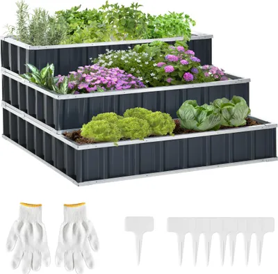 Produktbild von Hochbeet aus Stahl 3-stufige Gartenbeet mit T-Form-Pflanzenschilder Handschuhe Pflanzenbeet Kräuterbeet Blumentreppe für Balkon Garten Dunkelgrau 118 x 118 x 62 cm