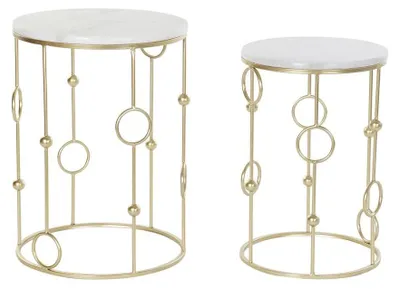 2er-Set Beistelltische, Metall, gold/weiß, rund, 40,5 cm