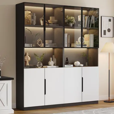 Obrázok produktu pre Vitríny s LED osvetlením, rozmer 160x30x200 cm, 4 dvere, farba: biela/čierna, materiál: drevotrieska