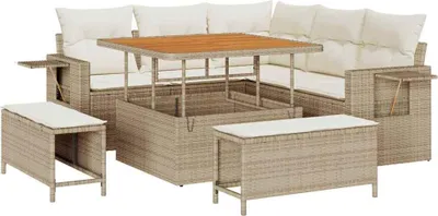 Image de Ensemble de canapés de jardin vidaXL, 9 pièces, 8 places, beige et crème, en polyrotin