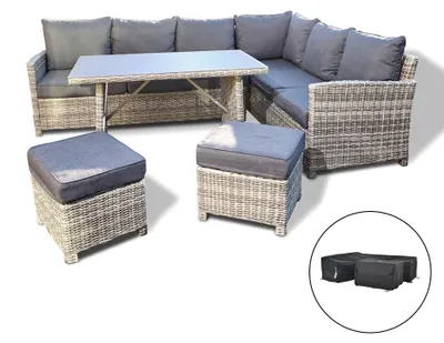Produktbild von HOME DELUXE - Polyrattan Sitzgruppe Bahia inkl. Abdeckung - inkl. Hocker, Tisch mit Glasplatte und Sitzpolster I Loungemöbel, Outdoor Sofa, Garten- & Balkonmöbel…