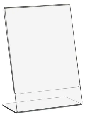 Produktbild von DIN A8 L-Ständer im Hochformat aus Acrylglas / Werbeaufsteller / Tischaufsteller / L-Aufsteller / Werbeständer schräg / Acryl