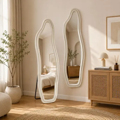 Produktbild von INONEFT Ganzkörperspiegel 160×50 cm, Unregelmäßig Standspiegel, Hängend oder Lehnend an die Wand, Samt Rahmen, für Schlafraum Flur, Weiß, KI-generiertes Bild