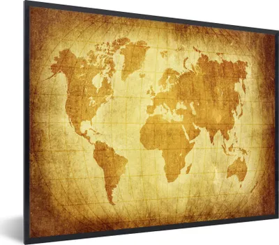 Produktbild von MuchoWow® Gerahmtes Poster Weltkarte - Vintage - Braun 80x60 cm - Poster mit Schwarzem Bilderrahmen Wandposter Rahmen Foto Bilder - Schwarzem - Mit Gestell