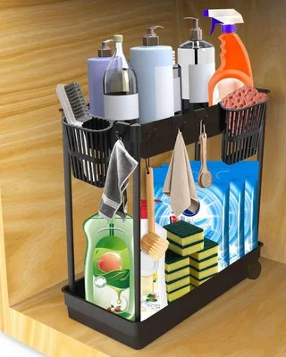 Immagine prodotto di Organizer da cucina con rotelle, 4 ganci, 2 ganci a molla, 2 ripiani, nero