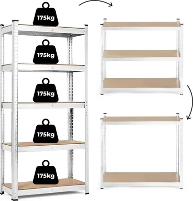 Immagine prodotto di Scaffale portaoggetti 180x90x40 cm in acciaio zincato, 5 ripiani, capacità 875 kg ModernHome