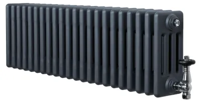 Productafbeelding van Radiator met 4 kolommen, voorzien van thermostaatkranen en chromen ventielen – 300mm x 1010mm – Anthracietgrijs