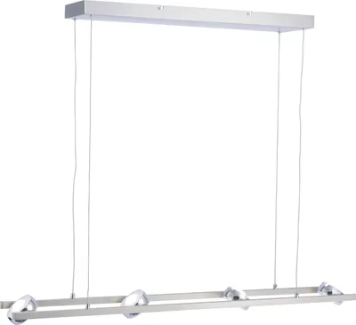 A modern LED pendant light fixture with a sleek, metallic design, suspended by thin wires against a white background.