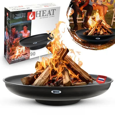 A collage of images showing a HEAT brand fire pit with a box, a close-up of the fire pit with burning wood, and a lifestyle shot of people around a fire pit.