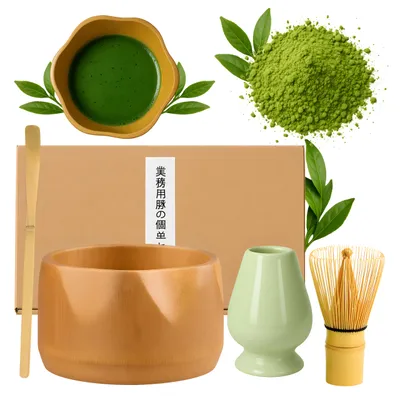 Produktbild von Matcha Set Keramik 4-teilig – Matcha-Schale Bambus & Grün – Bambus-Schneebesen – Halter – Bambuslöffel