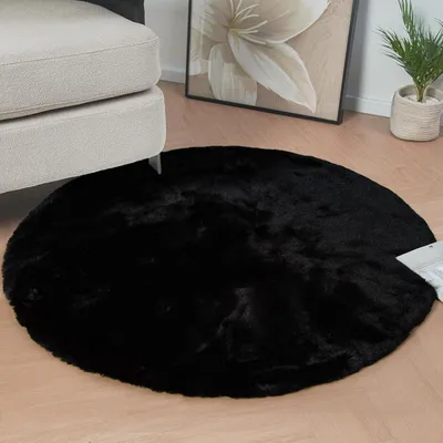 Produktbild von Runder Teppich Schwarz Flauschig 120 cm Kunstfell Waschbar