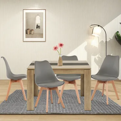 Obrázek produktu pro HJ WeDoo jídelní set jídelna moderní dubový jídelní stůl se 4 šedými židlemi z bukového masivu, 110x70x75cm