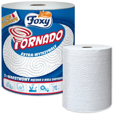 A roll of Foxy Tornado kitchen paper is shown next to its packaging.