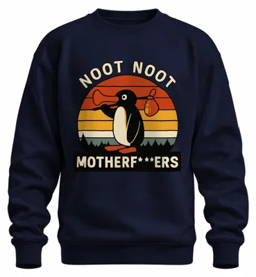 Imagen del producto de Sudadera retro uni con diseño de pingüino al atardecer, estilo "Noot Noot Motherf***ers", color azul marino, talla M