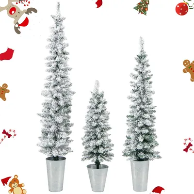 Zdjęcie produktu dla zestaw 3 sztucznych choinek w wazonie ze sztucznymi drzewkami 90/120/150 cm, cienkie choinki ze srebrnymi metalowymi wiaderkami, świąteczna dekoracja (zielony + biały)