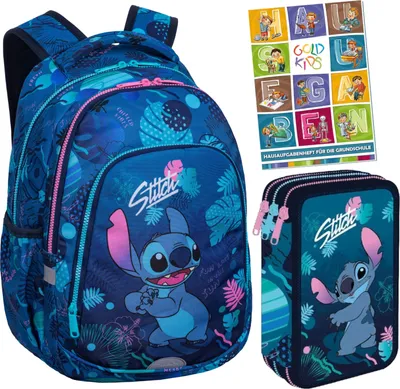Produktbild von Schulranzen für Jugend - Schul-Rucksack für Frauen Mädchen mit Federmäppchen 3 Fächer Gefüllte Schüleretui 44-teilig Hausaufgabenheft  Lilo und Stitch