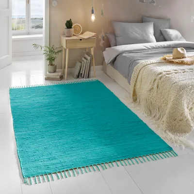 Produktbild von Flicken-Teppich 100% Baumwolle I Waschbarer Fleckerl mit Fransen I Esszimmer Küche Badezimmer Wohnzimmer Kinderzimmer | Türkis