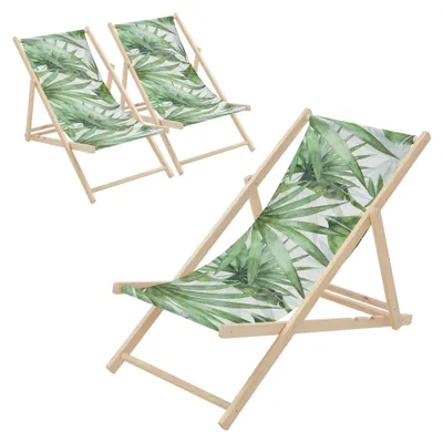 Produktbild von ECD Germany 3er Set Liegestuhl klappbar Palme Grün-Weiß aus Holz Sonnenliege mit 3-Fach verstellbarer Rückenlehne Strandliege für Garten Balkon