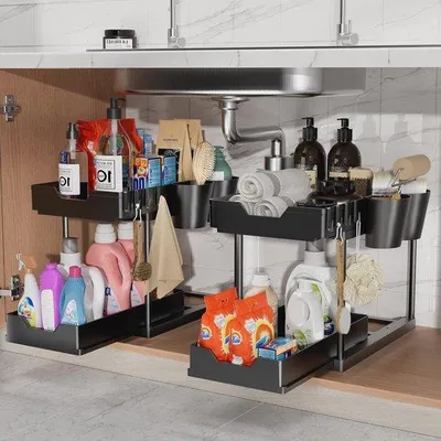 Immagine prodotto di Organizer da cucina a 2 ripiani con 8 ganci, nero, estraibile