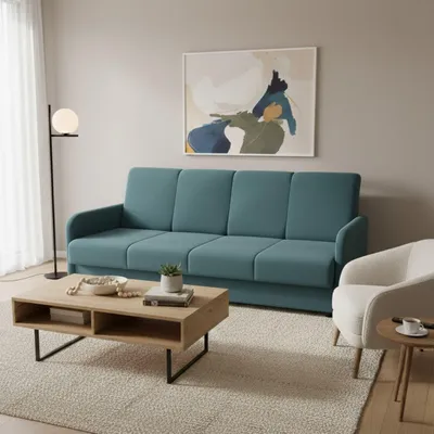 Produktbild von Schlafsofa - Himmelblau - mit Bettkasten - Bonellfedern - 202x96x89 cm - Schaumstoff T30 - Holzgestell - 3 Sitzer Sofa - Weiche Armlehnen