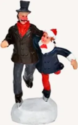 Eine Figur, die einen Mann und ein Kind beim Schlittschuhlaufen zeigt. Detailreich gestaltet.