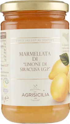 A jar of lemon marmalade with lemons and leaves depicted on the label.