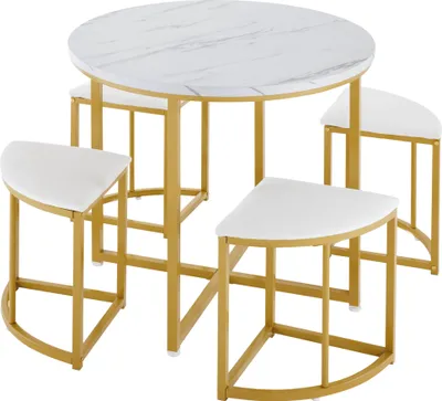 Produktbild von Esszimmertisch-Set mit vier Stühlen,Essgruppe mit MDF-Tischplatte und vergoldeten Eisenrahmen,Samtstuhl,Moderne Luxustische und-stühle,Weiß