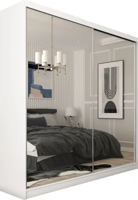 A mirrored wardrobe reflecting a bedroom interior.